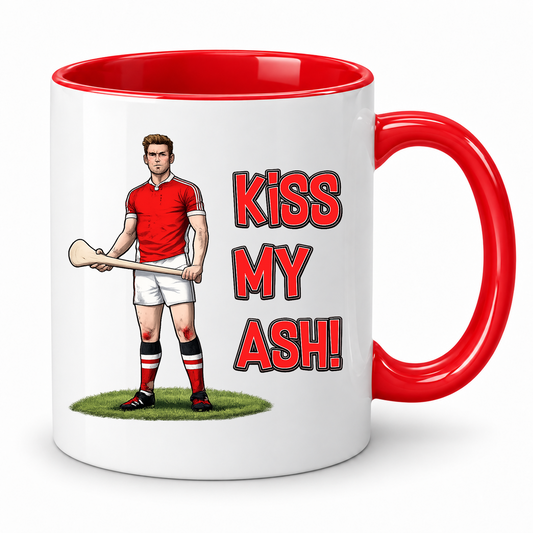 Cork hurling mug with Kiss My Ash slogan, white with red rim