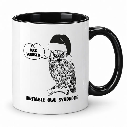 Irritable Owl Syndrome Christmas mug with black rim and handle