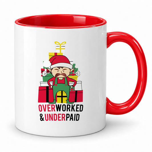 Overworked & Underpaid elf Christmas mug with red rim and handle