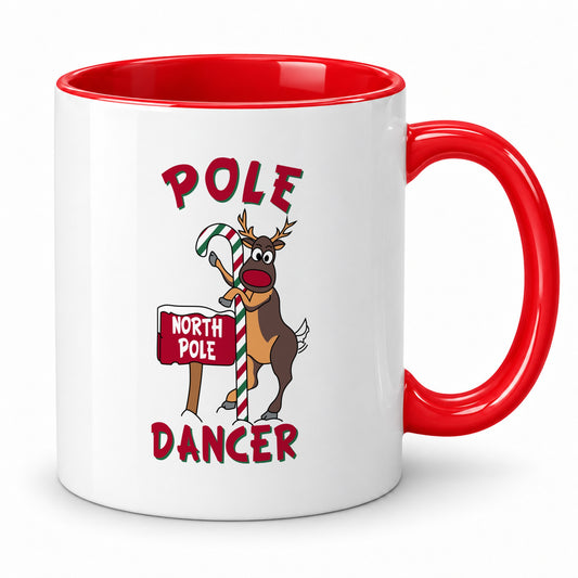 Reindeer Pole Dancer Christmas mug with red rim and handle