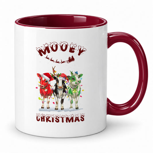 Mooey Christmas cow mug with maroon rim and handle