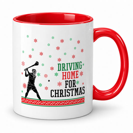 Driving Home for Christmas hurling mug with red rim and handle