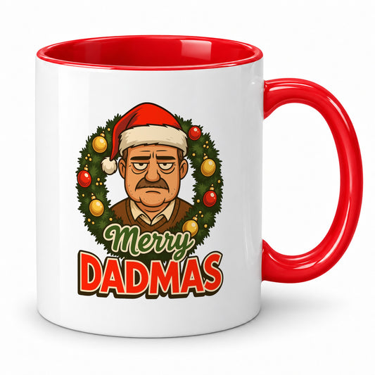 Merry Dadmas Christmas mug with red rim and handle