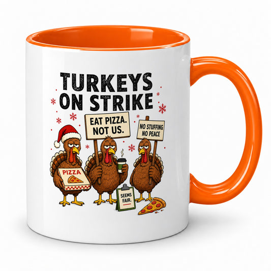 Turkeys On Strike Christmas mug with orange rim and handle