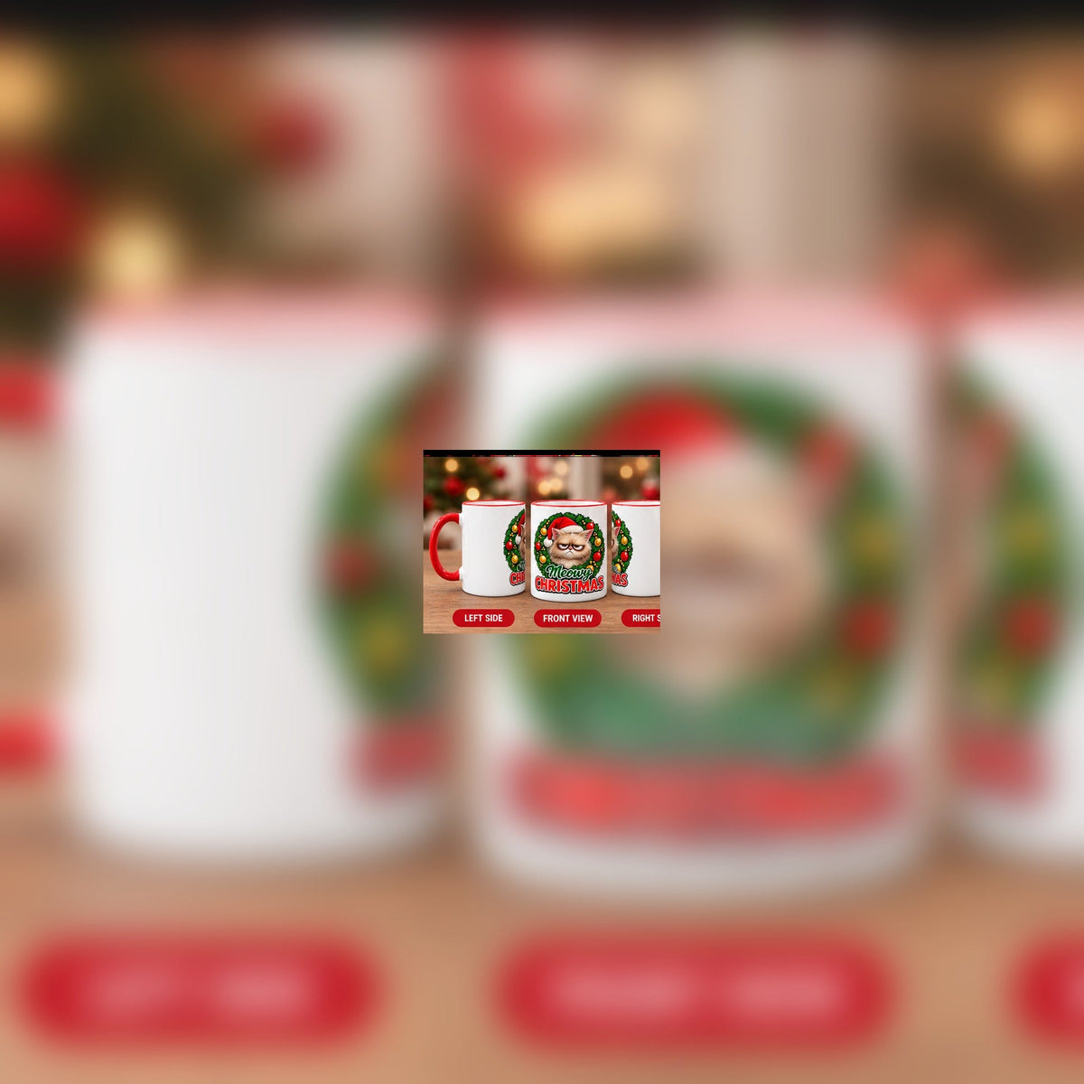 Meowy Christmas mug left, front and right views