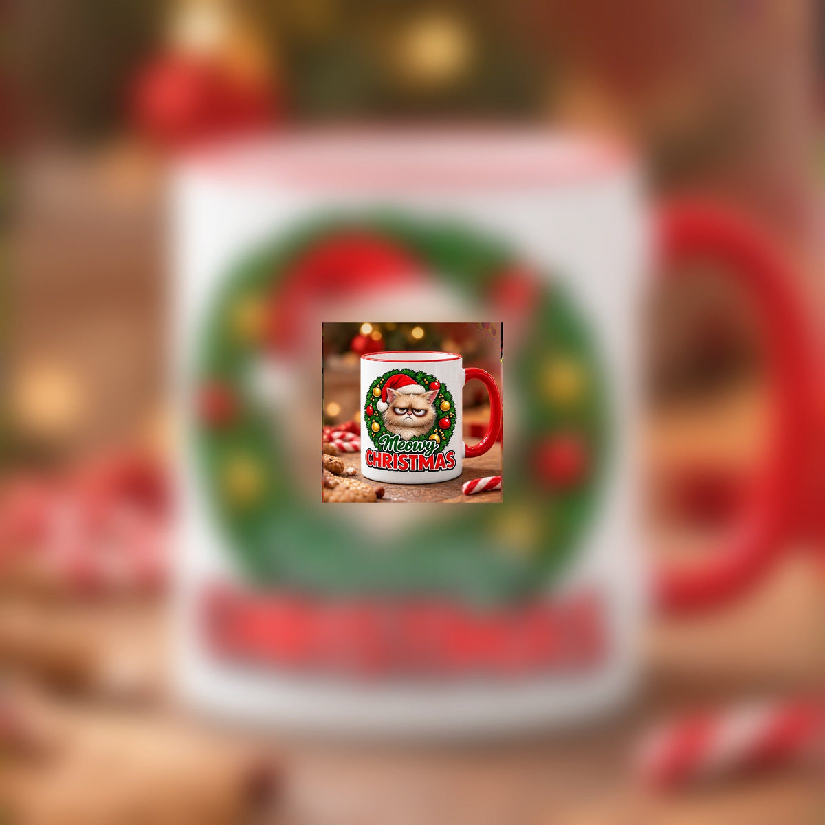Meowy Christmas grumpy cat mug with red rim